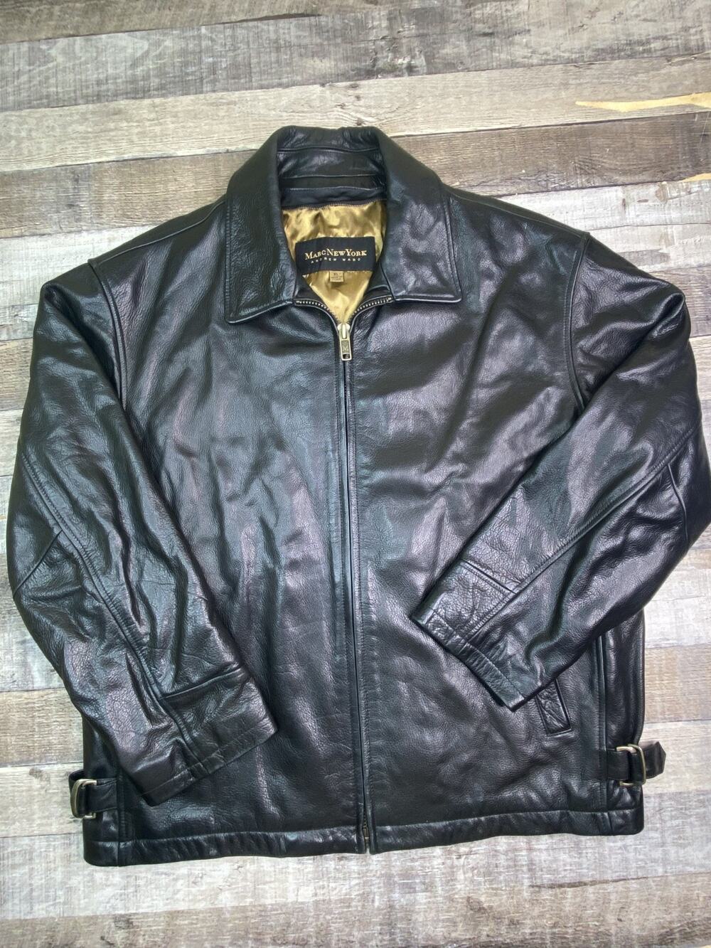 Vintage Andrew Marc Mens XL Black Heavy Leather Motorcycle Jacket Bomber 90s Y2K